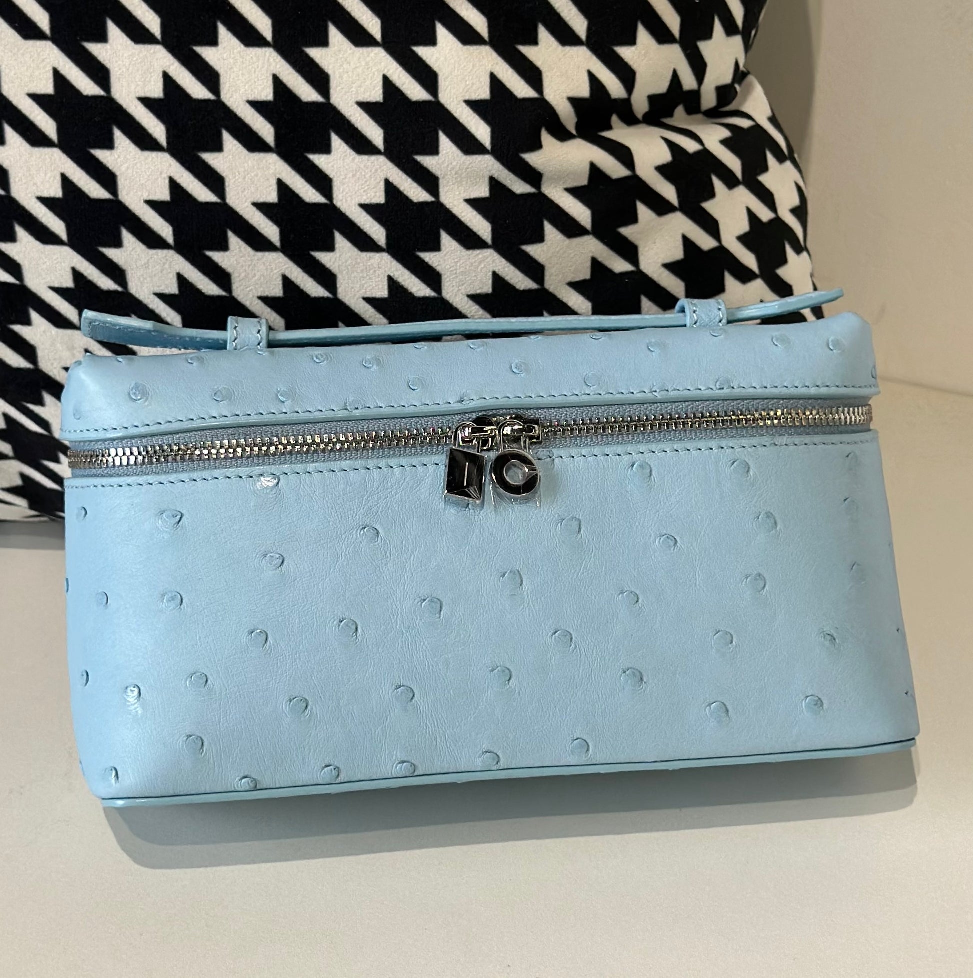 Genuine Ostrich Skin Leather Zipper Cosmetic Handle Bag