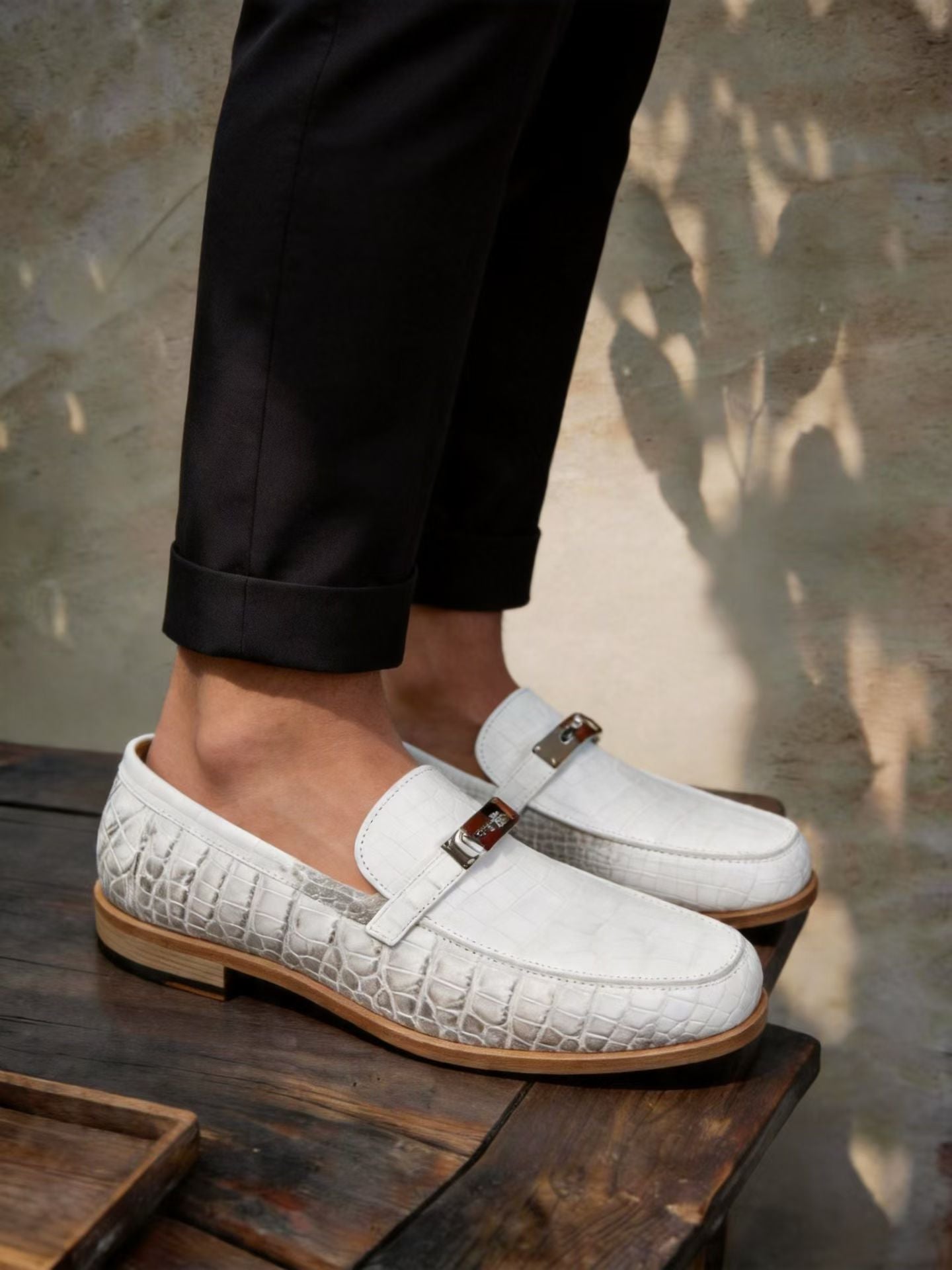 Crocodile Shoes, Himalayan White Genuine Crocodile Leather Buckle Loafer Shoes