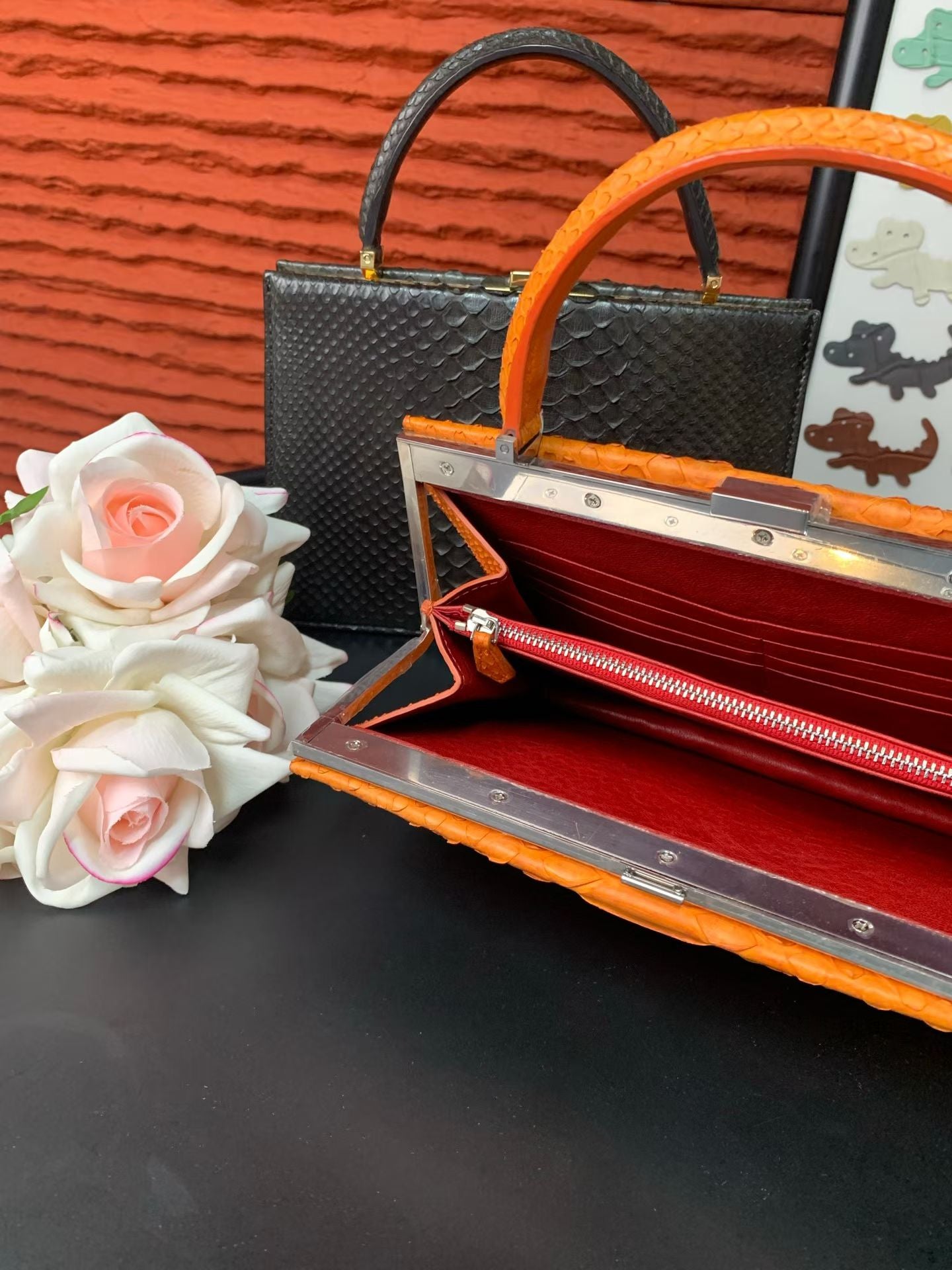 Genuine Python Leather Top Handle Bag