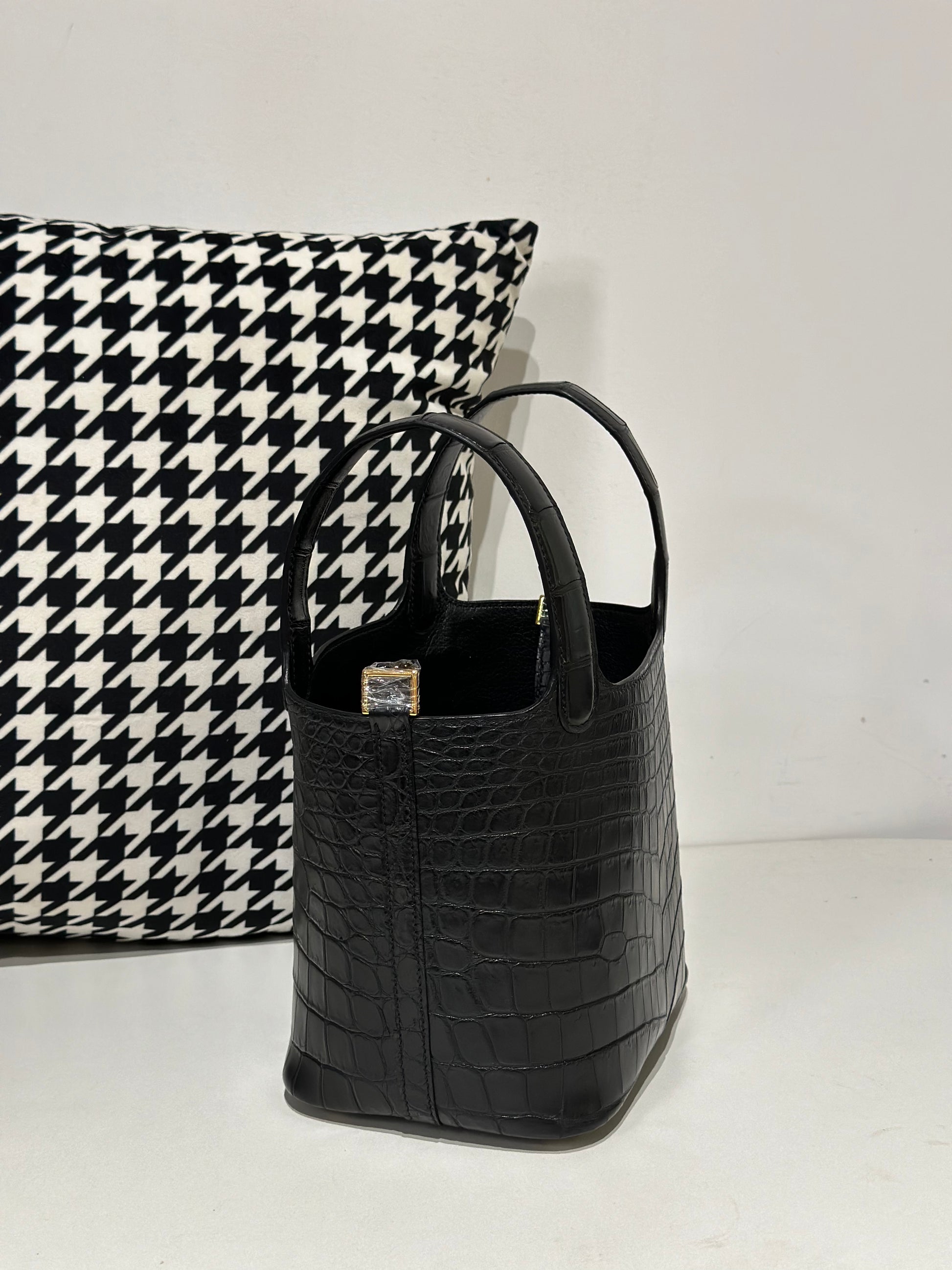 Women's Matt Genuine Crocodile Skin Leather Mini Handle Bag Black