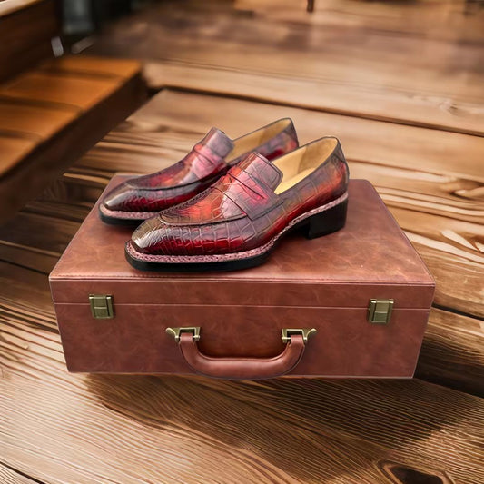 Crocodile Shoes, Men's Vintage Wine Red Crocodile Leather Slip-On Loafer Shoes