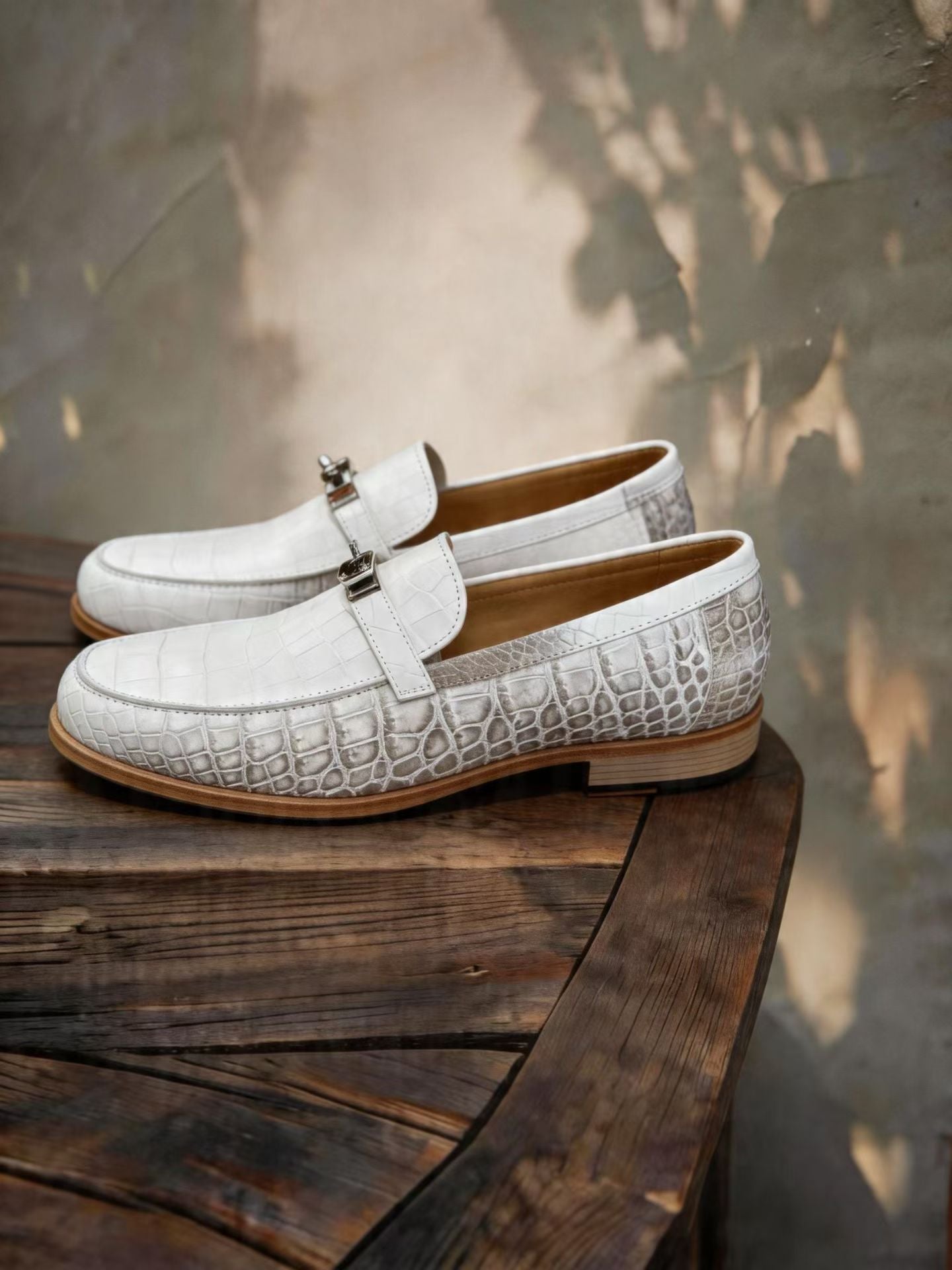 Crocodile Shoes, Himalayan White Genuine Crocodile Leather Buckle Loafer Shoes