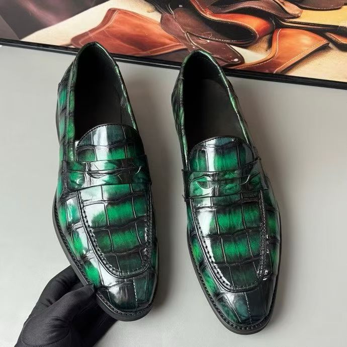 Crocodile Leather Loafer Shoes Vintage Green