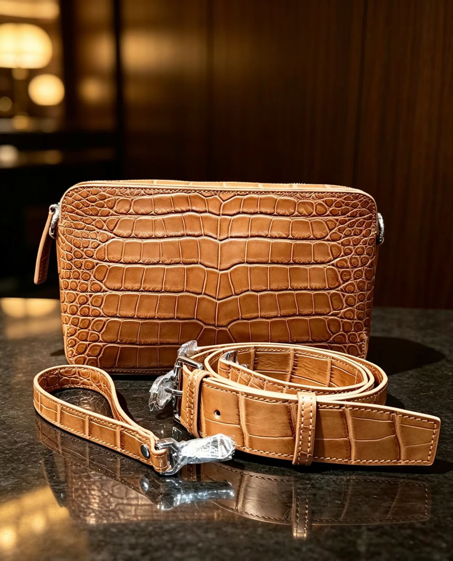 Genuine Crocodile Skin Leather Shoulder Chest Cross Body Clutch Bag  Tan