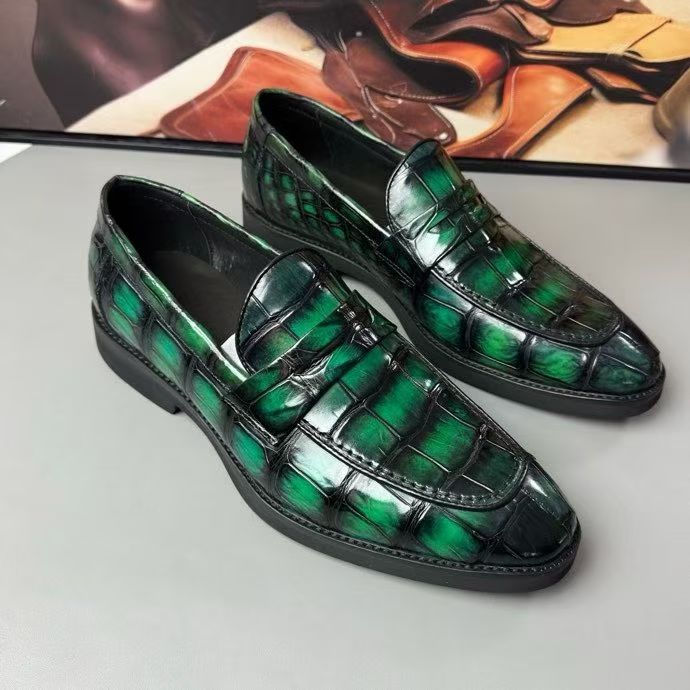 Crocodile Leather Loafer Shoes Vintage Green