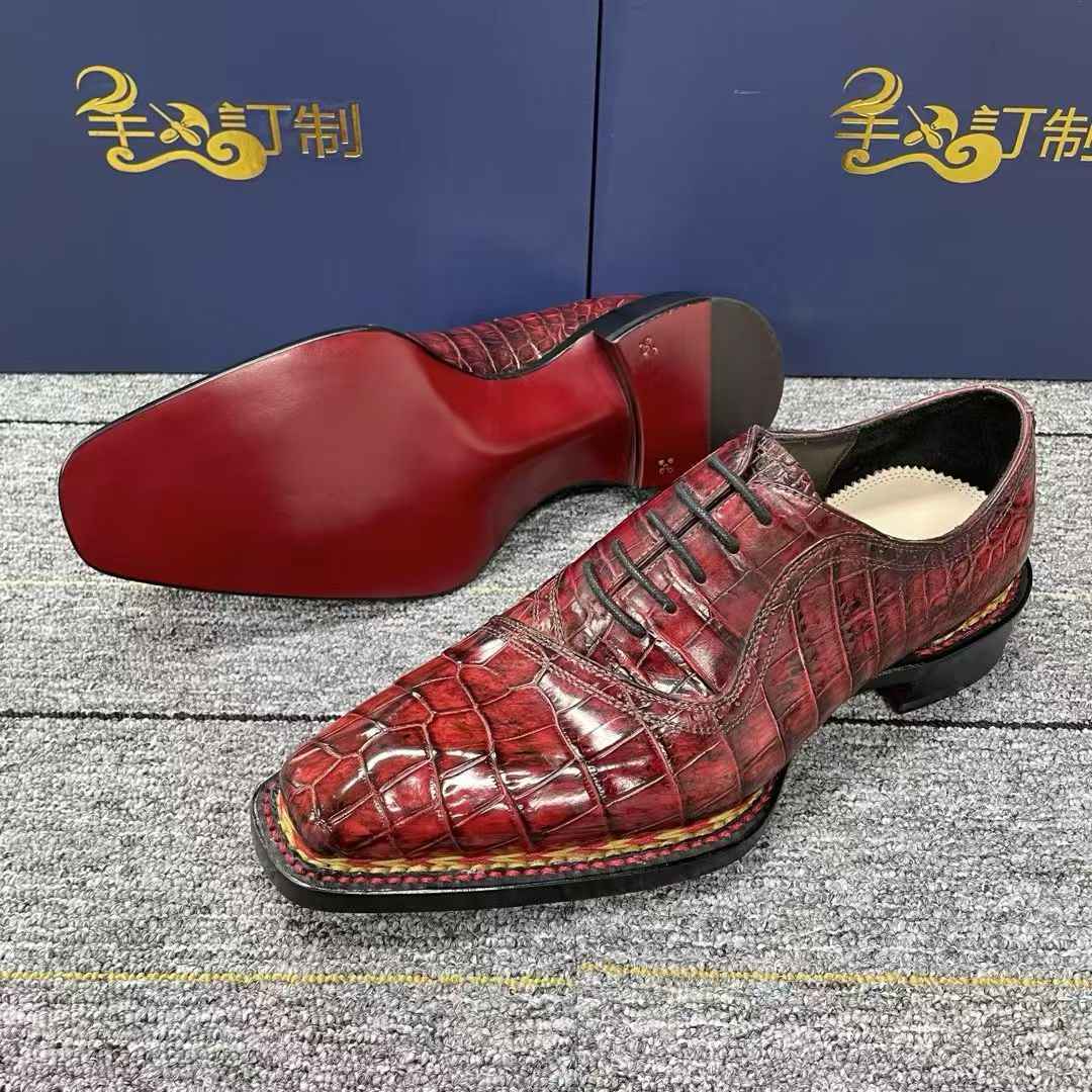 Crocodile Shoes, Men's Vintage Wine Red Norwegian Lace-Up Business  Shoes