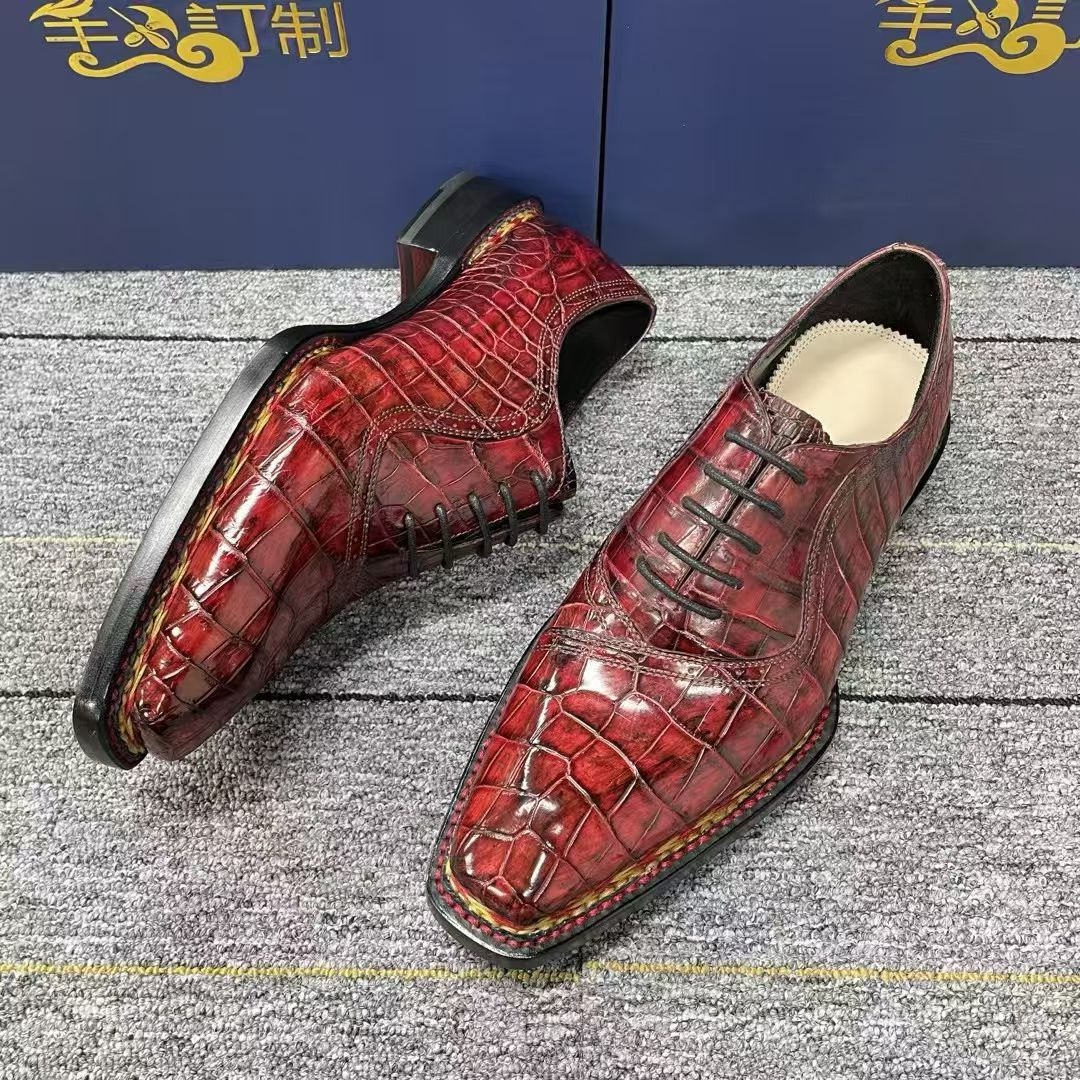 Crocodile Shoes, Men's Vintage Wine Red Norwegian Lace-Up Business  Shoes