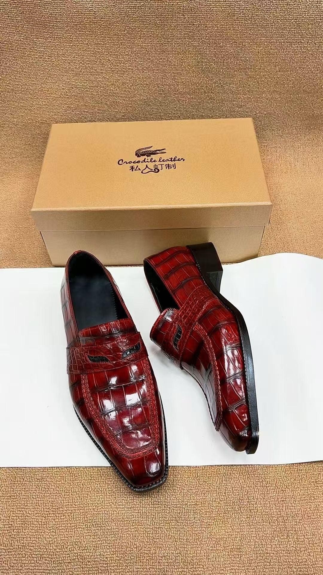 Crocodile Shoes, Crocodile Leather Norwegian Sewn Dress Loafer Shoes Red & Black