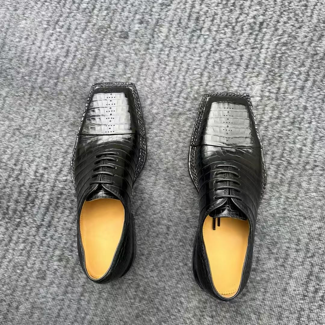 Genuine Crocodile Leather Square-Toe Classic Lace -Up Dress Shoes Black