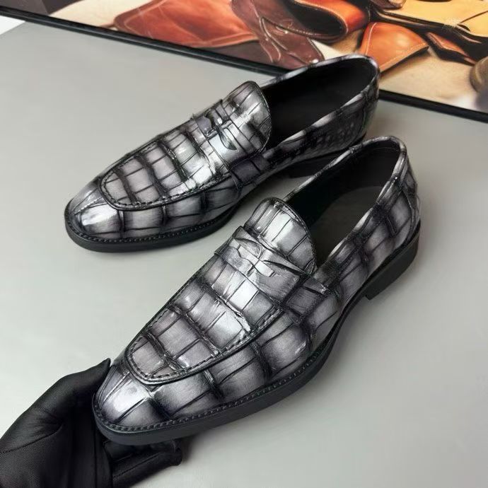Crocodile Leather Loafer Shoes Vintage Grey