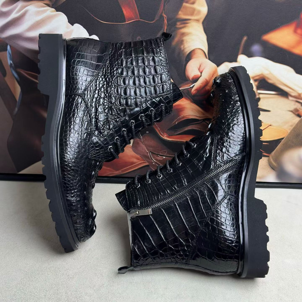 ON SALE ! Crocodile Shoes ,Crocodile Leather Classic Unisex 8-Eye Boots Black