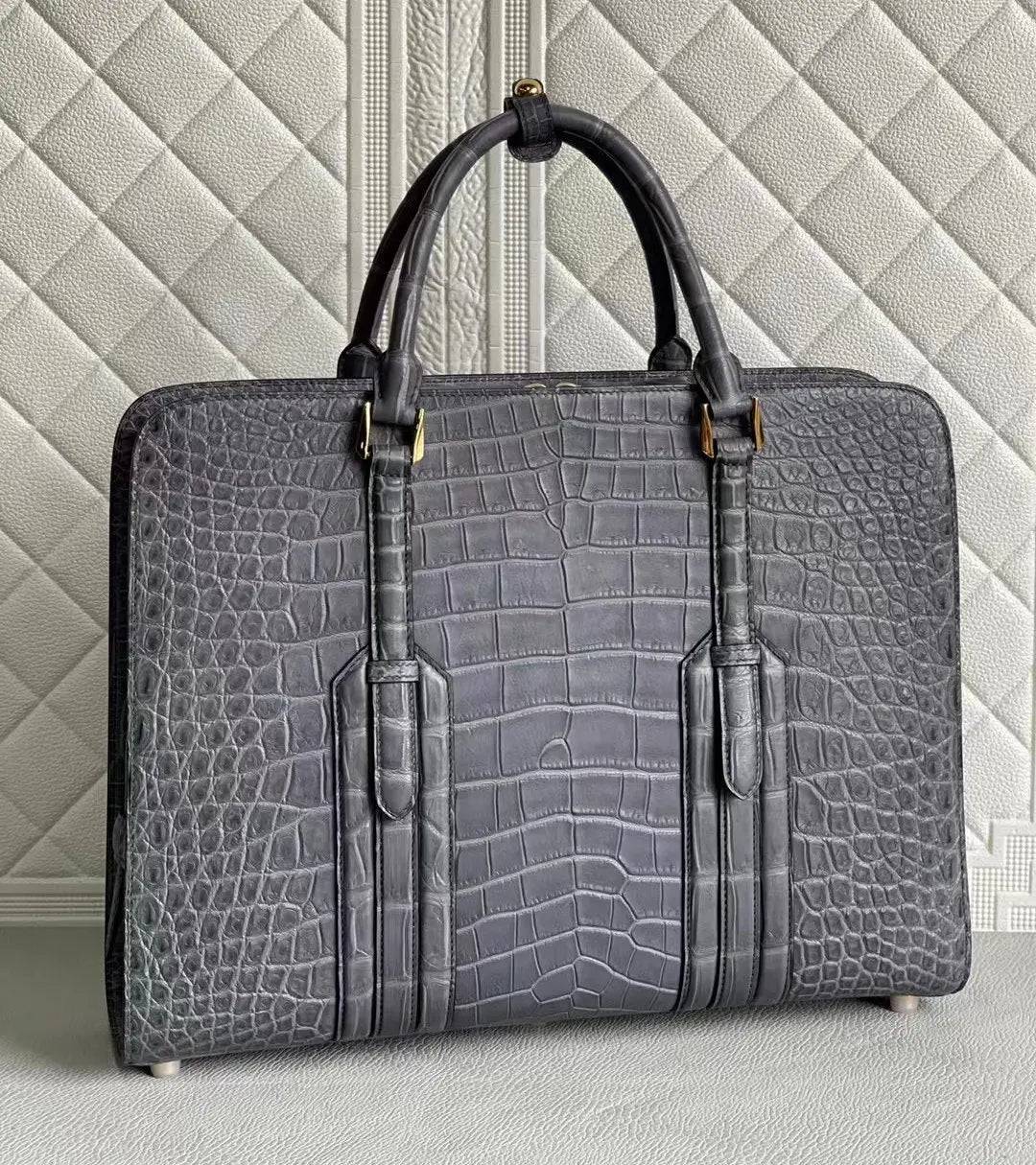 Large Genuine Crocodile Briefcase, Luxury Crocodile Business Bag for Men Grey