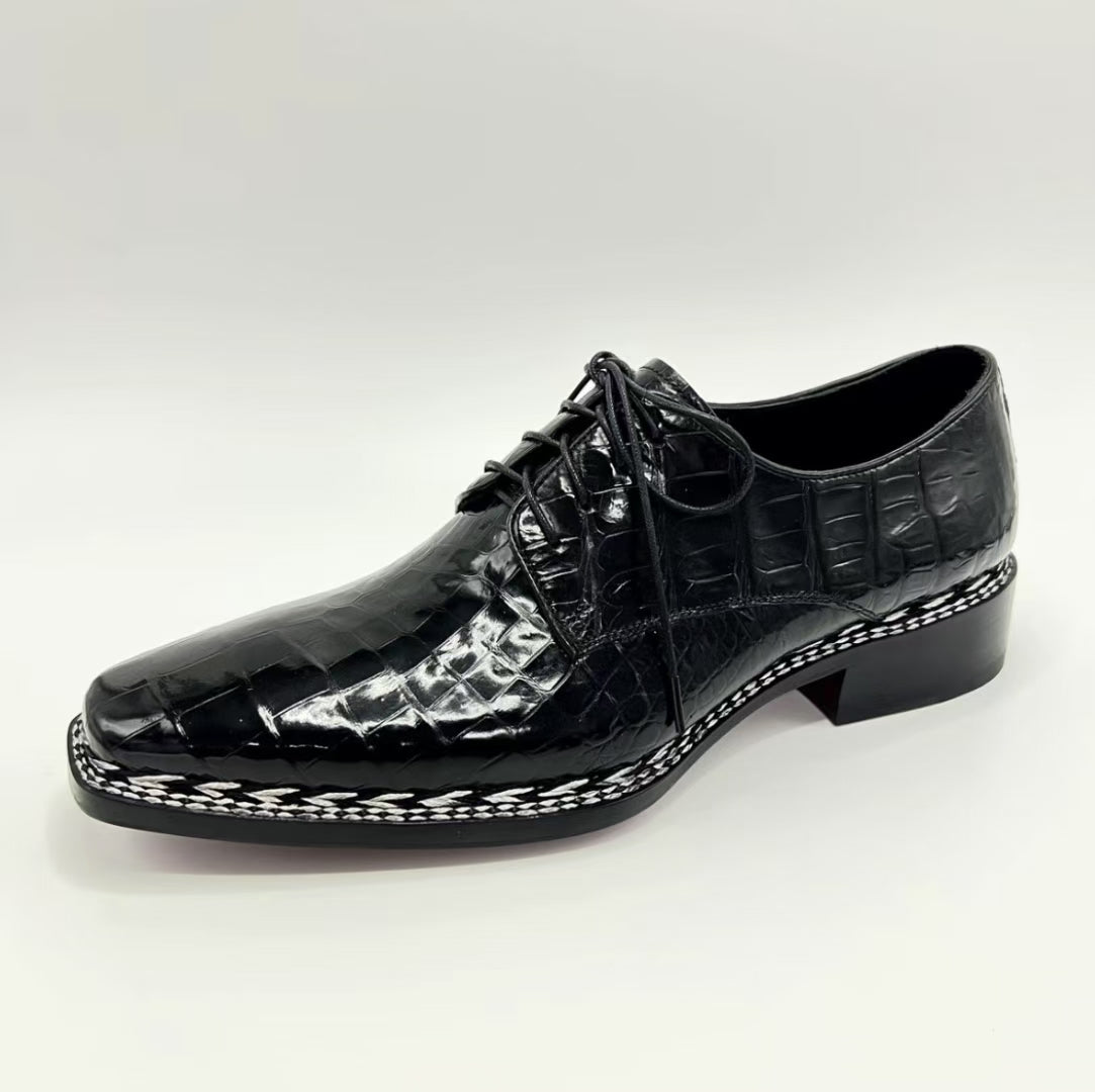 Crocodile Shoes, Men's Black Crocodile Leather Norwegian Sewn Lace Up Shoes