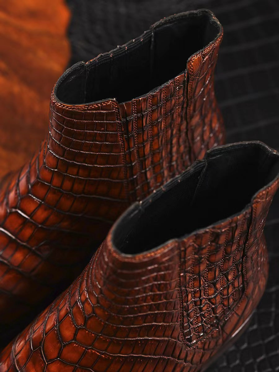 Crocodile Boots, Men's Crocodile Leather Chelsea Boots Burnished Brown