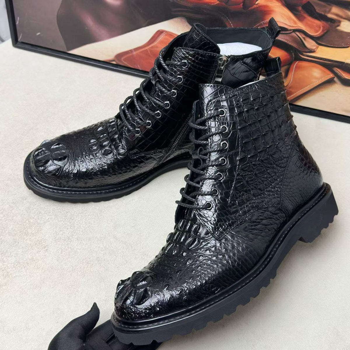 ON SALE ! Crocodile Shoes ,Crocodile Leather Classic Unisex 8-Eye Boots Black