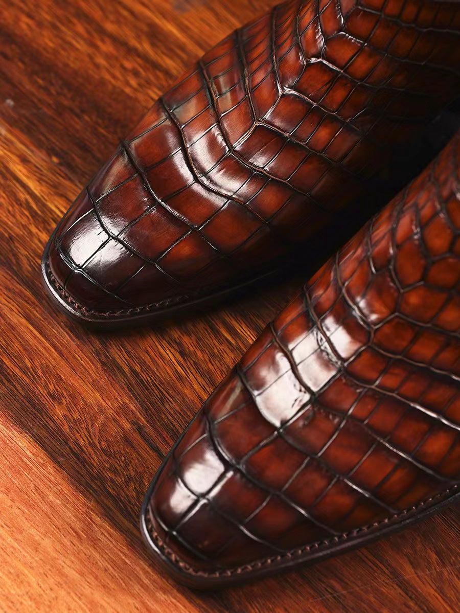 Crocodile Boots, Men's Crocodile Leather Chelsea Boots Burnished Brown
