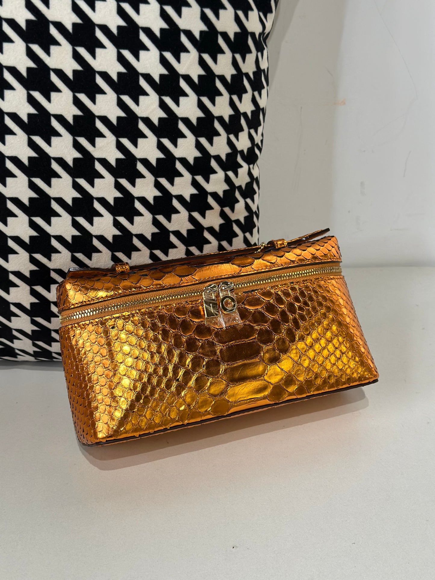 Genuine Python Skin Leather Zipper Cosmetic Handle Bag