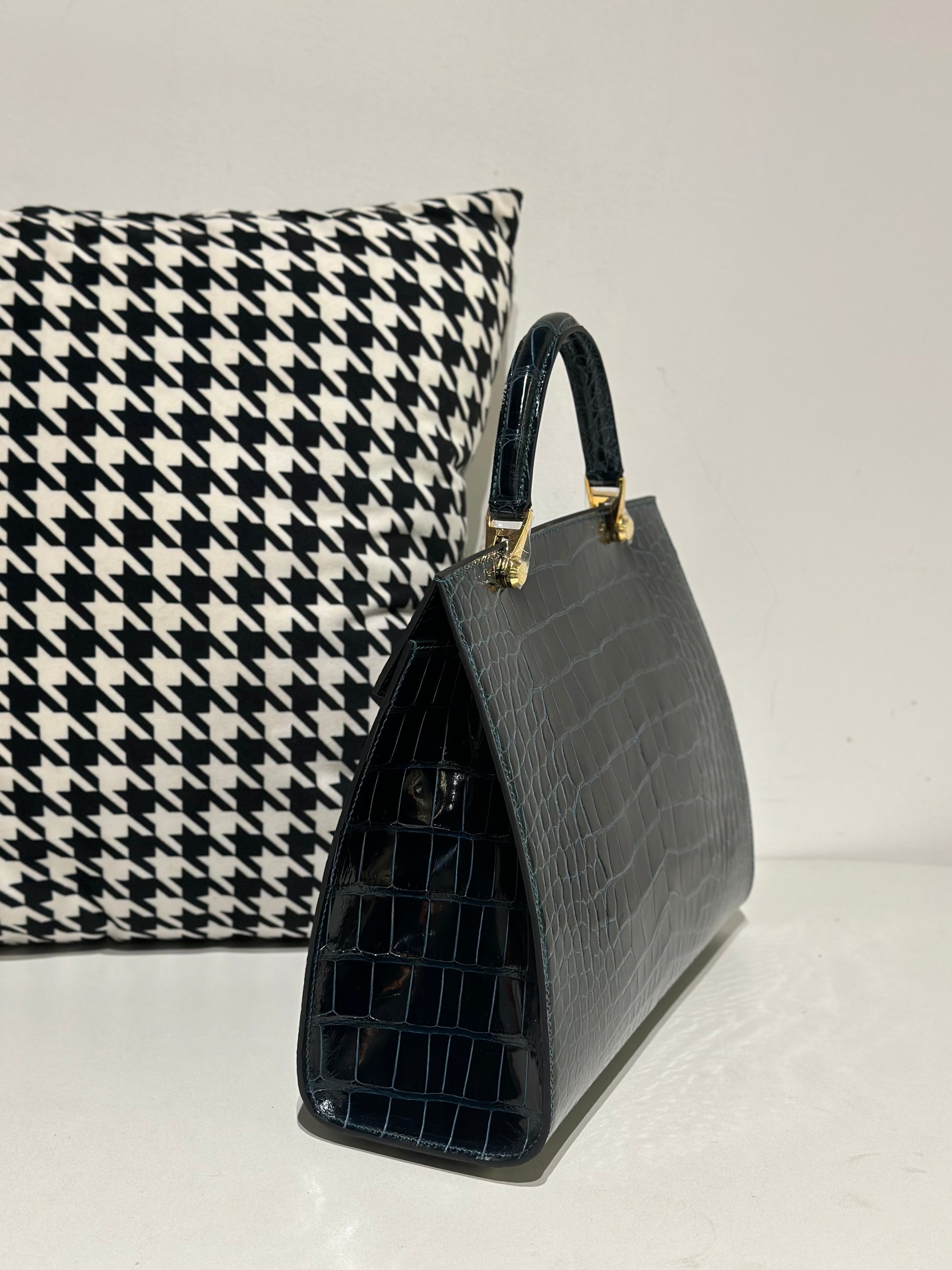 Crocodile Leather Top Handle Bag Dark Green