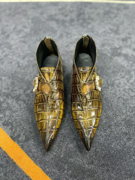 Crocodile Boots ,Women's Full Handmade Genuine Crocodile Leather Vintage Olive Yellow