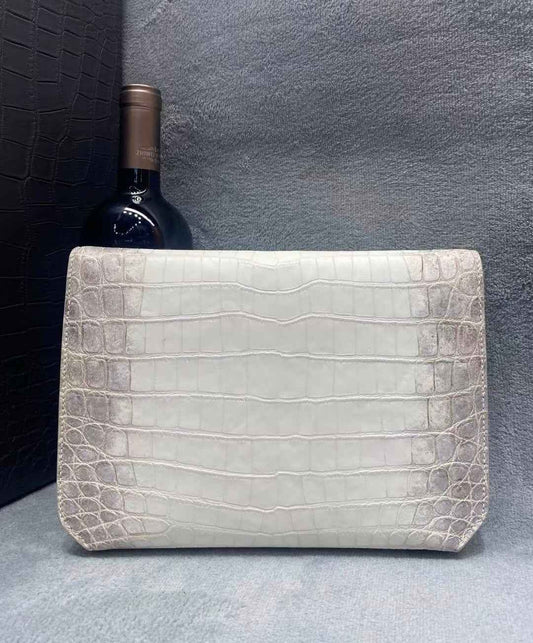 Genuine Crocodile Skin Leather Clutch Handle Bag Himalaya White