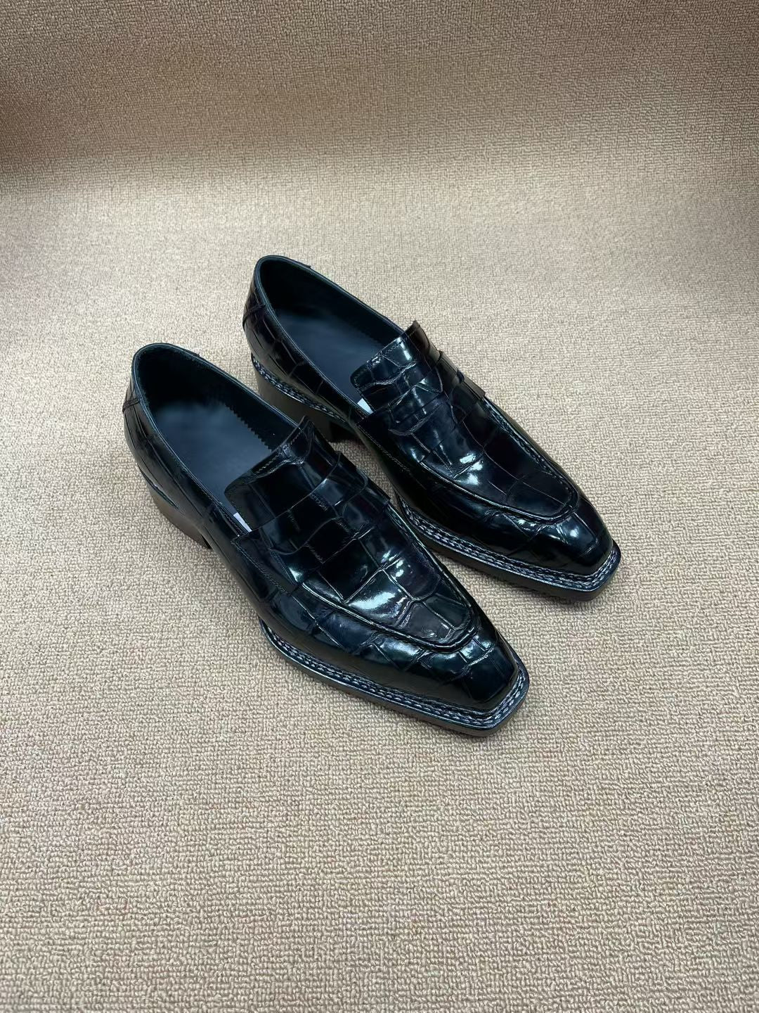 Preorder Crocodile Shoes Black Crocodile Leather Norwegian Sewn Dress Loafer Shoes