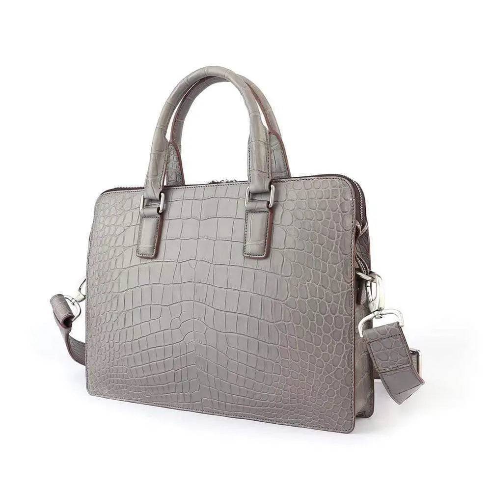 Men's Crocodile  Leather Briefcase with Front Zip Pocket Grey