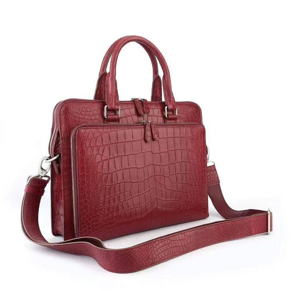 Men's Crocodile  Leather Briefcase with Front Zip Pocket Red