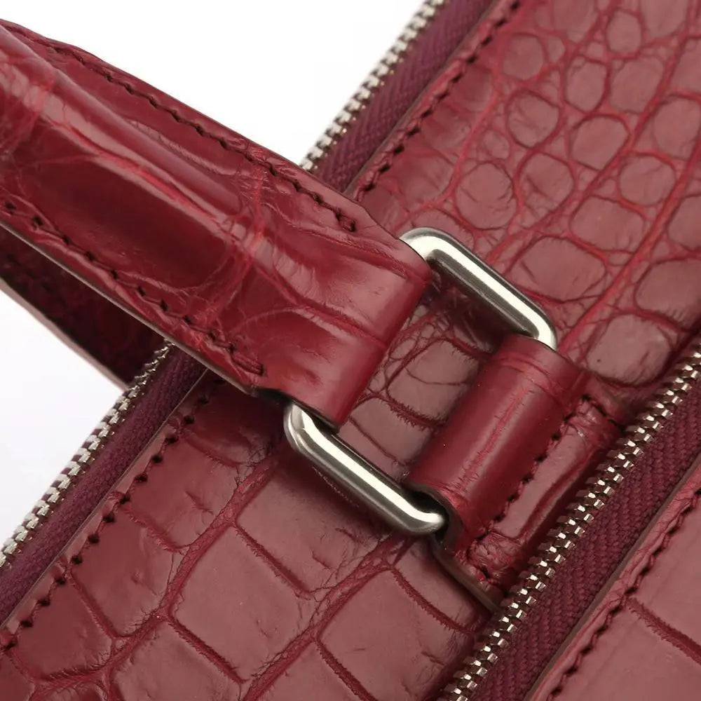 Men's Crocodile  Leather Briefcase with Front Zip Pocket Red