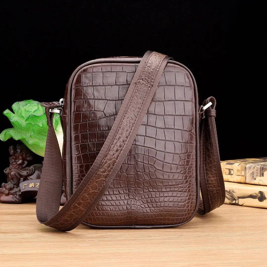 Men's Genuine Crocodile Leather Small Cross body Messenger Bag Brown