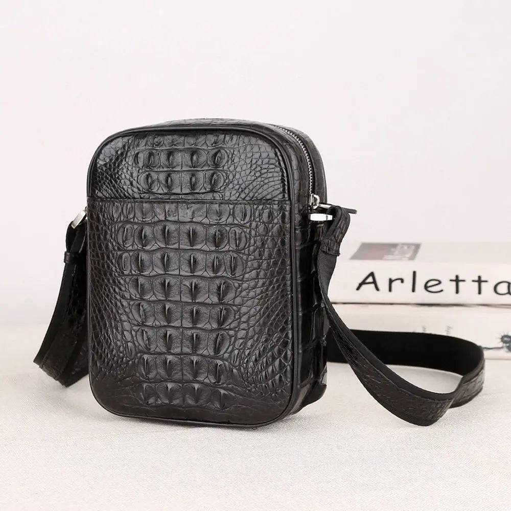 Mens Crocodile Bone Leather Cross Body Messenger Bag Black