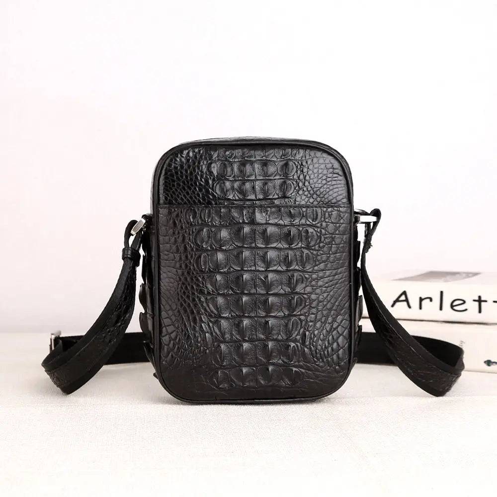 Mens Crocodile Bone Leather Cross Body Messenger Bag Black