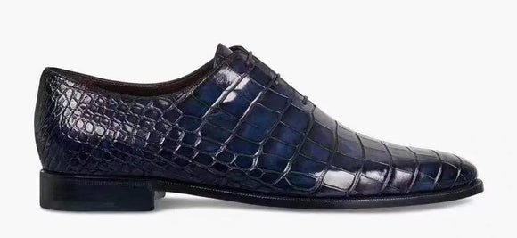 Mens Crocodile Derby Lace-up Dress Shoe Vintage Blue