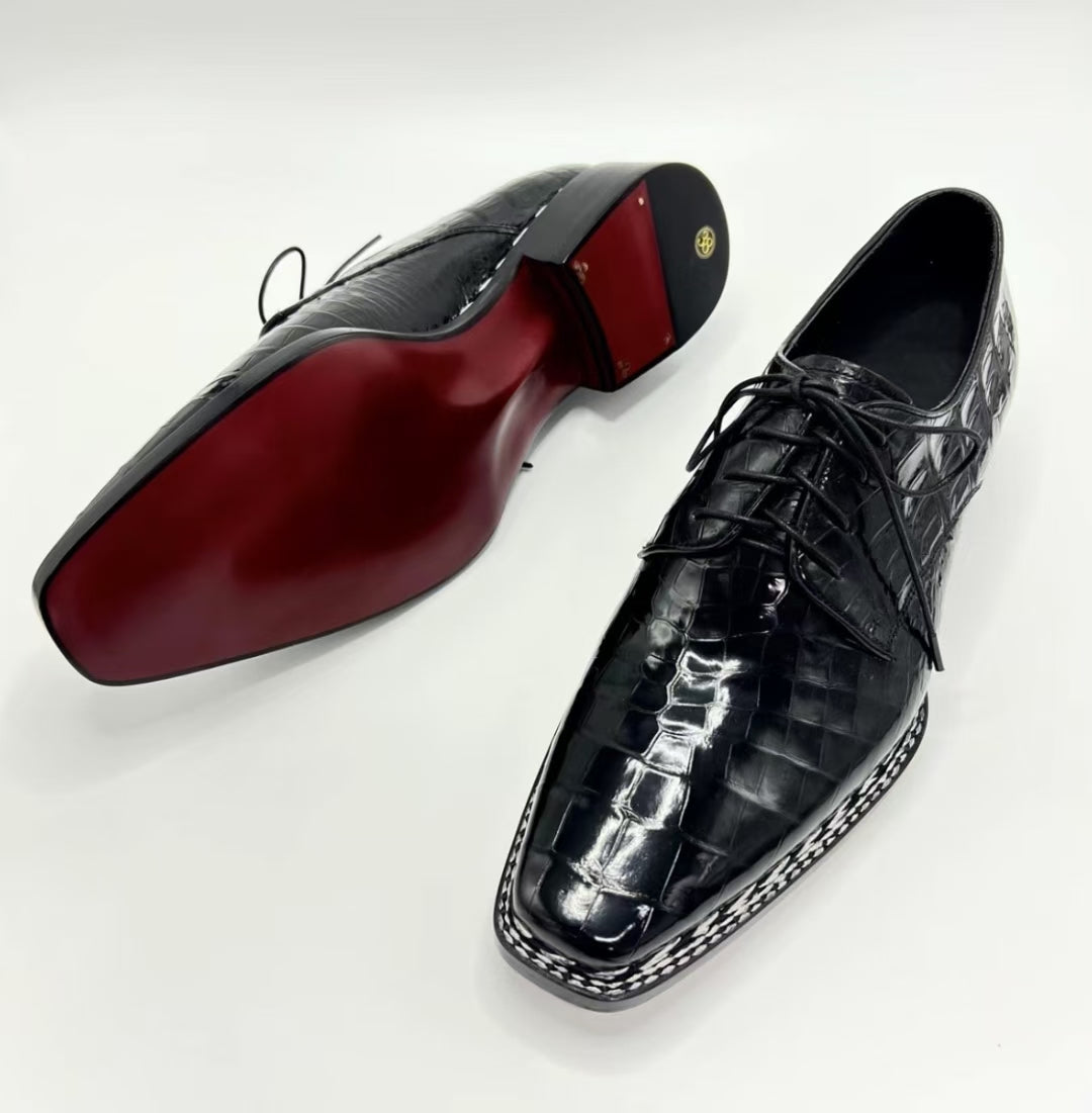Crocodile Shoes, Men's Black Crocodile Leather Norwegian Sewn Lace Up Shoes
