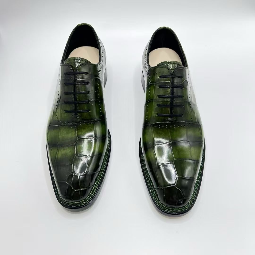 Crocodile Shoes, Men's Vintage Green Crocodile Leather Norwegian Sewn Lace Up Shoes