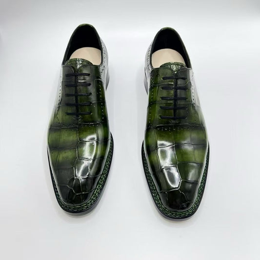Crocodile Shoes, Men's Vintage Green Crocodile Leather Norwegian Sewn Lace Up Shoes