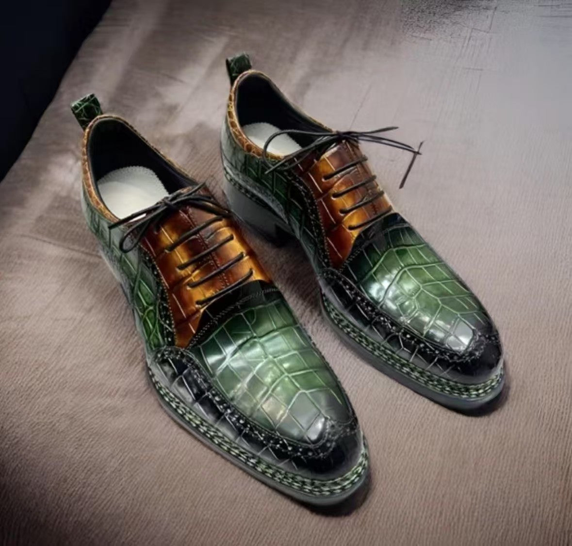 Crocodile Shoes, Men's Vintage Green/ Tan Contrast Norwegian Sewn Lace Up Shoes