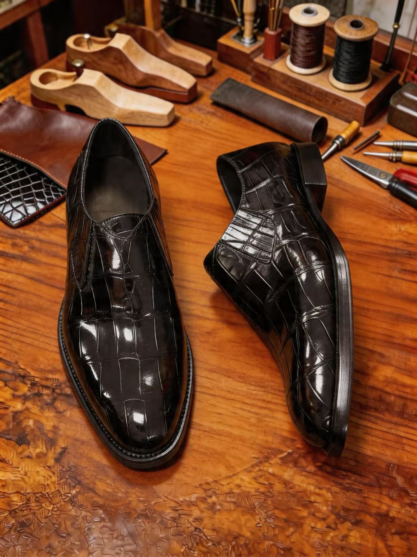 Crocodile Shoes Men's Crocodile Leather Loafer Dress Shoes Black