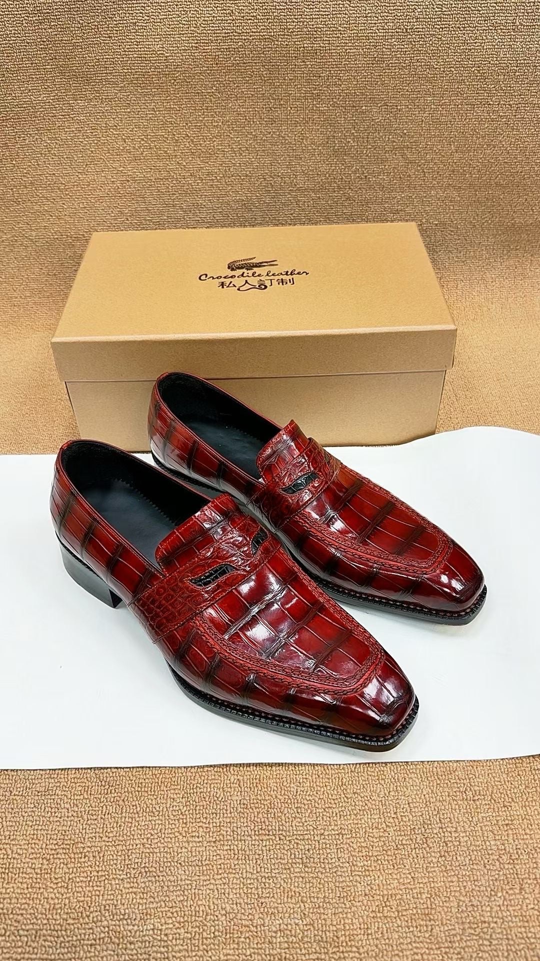 Crocodile Shoes, Crocodile Leather Norwegian Sewn Dress Loafer Shoes Red & Black