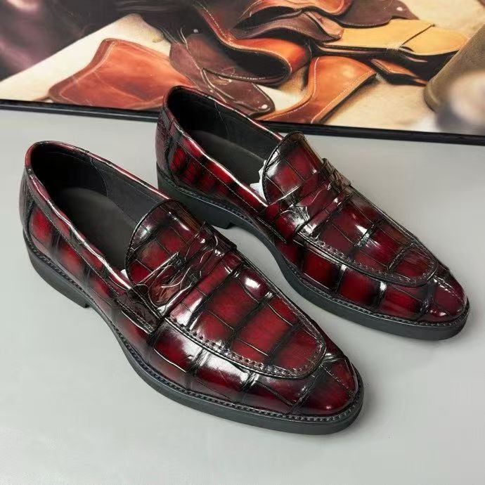 Crocodile Leather Loafer Shoes Vintage Red