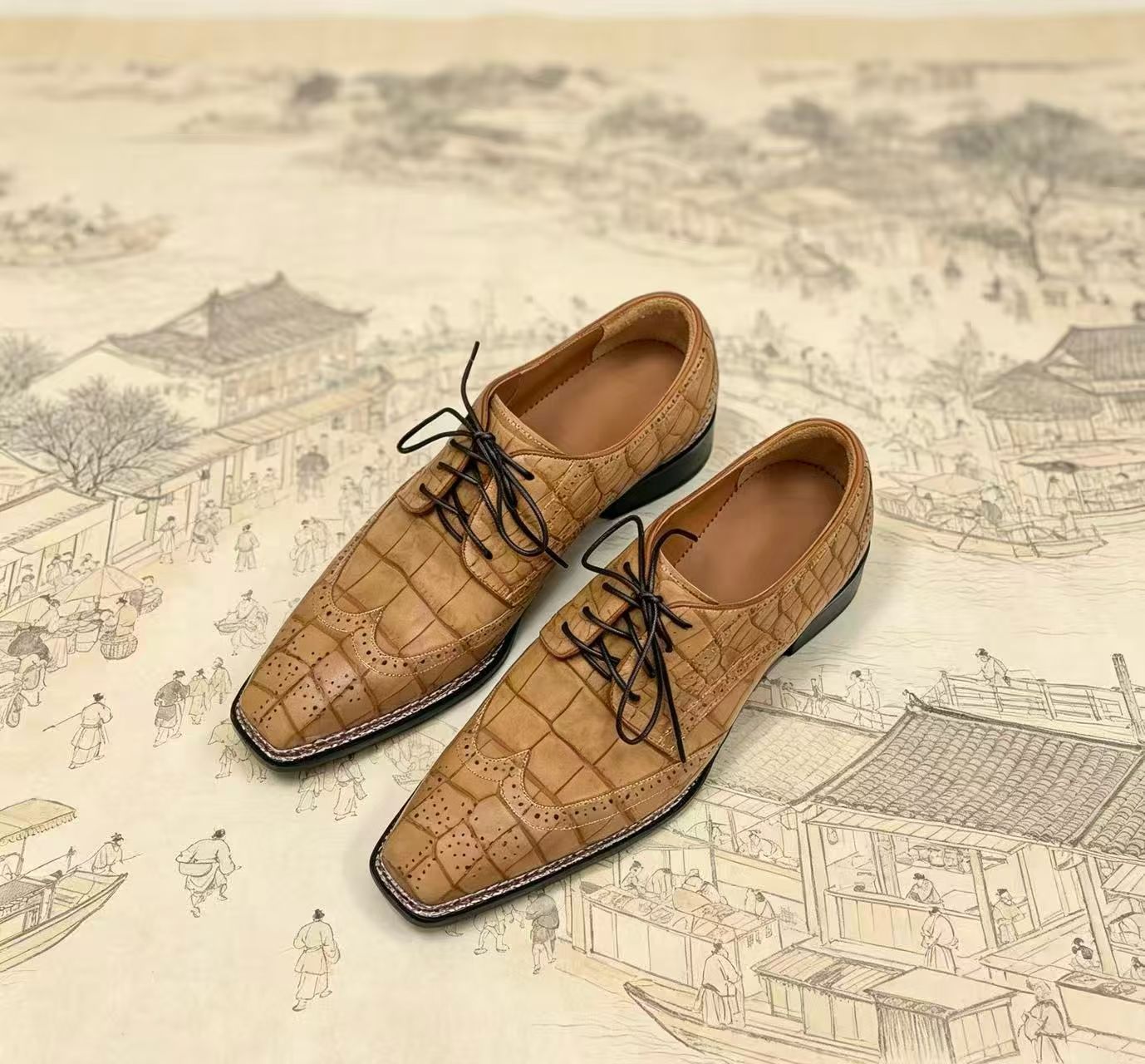 Crocodile Shoes, Men's Nubuckn Crocodile Leather Business Lace Up Shoes