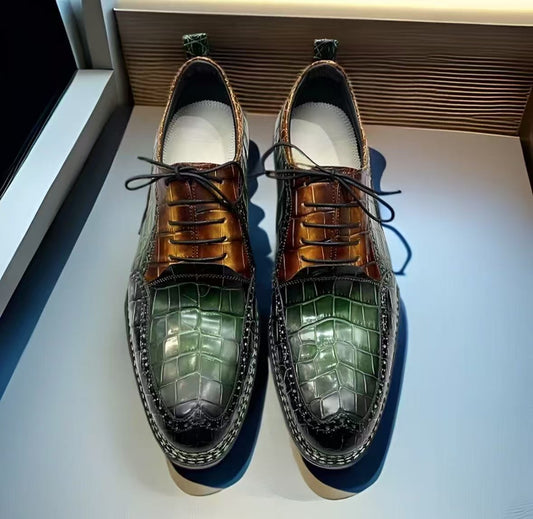 Crocodile Shoes, Men's Vintage Green/ Tan Contrast  Norwegian Sewn Lace Up Shoes