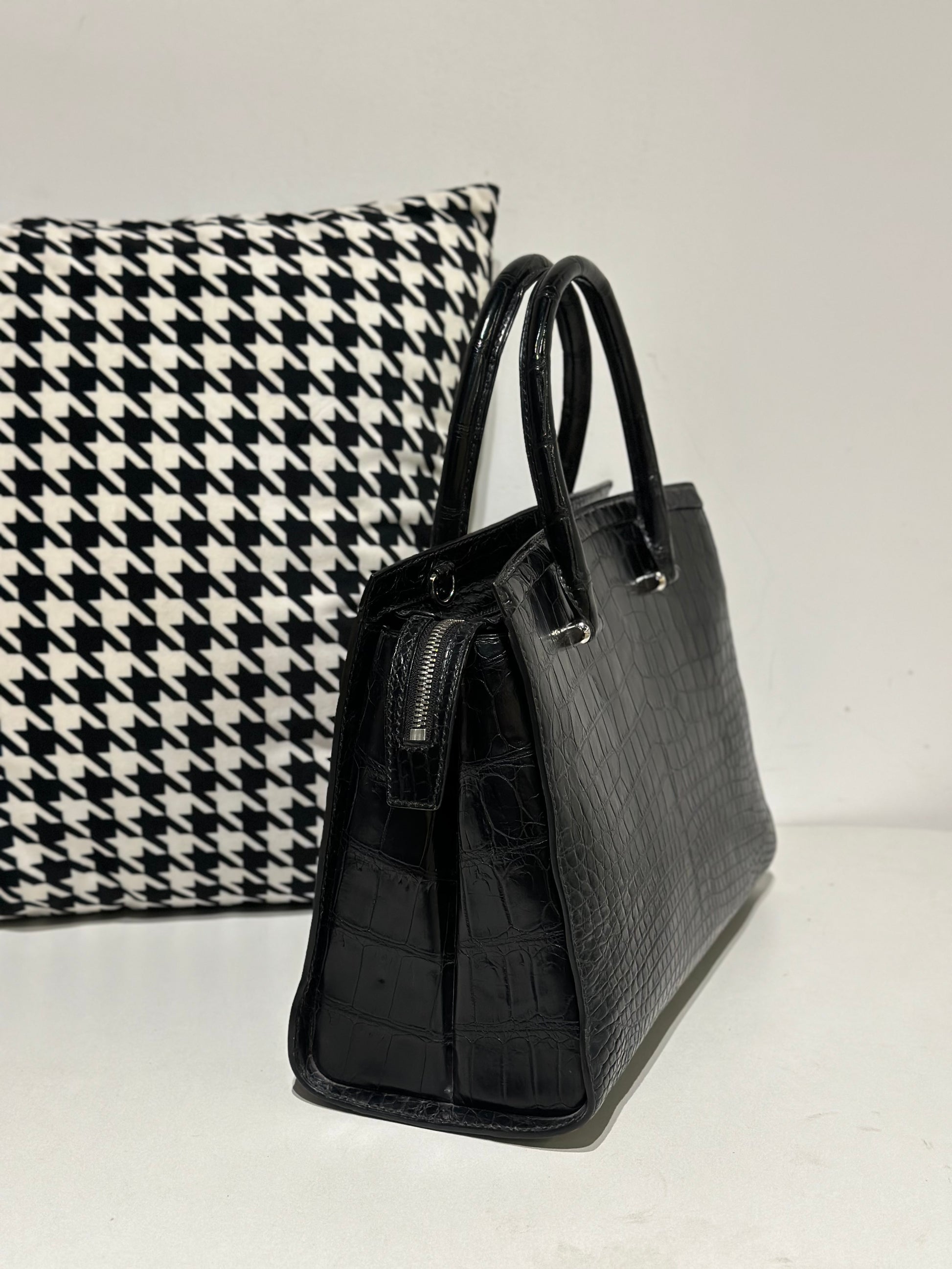 Crocodile Leather Top Handle Bag Black