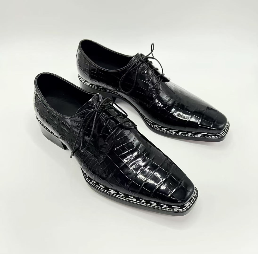 Crocodile Shoes, Men's Black Crocodile Leather Norwegian Sewn Lace Up Shoes