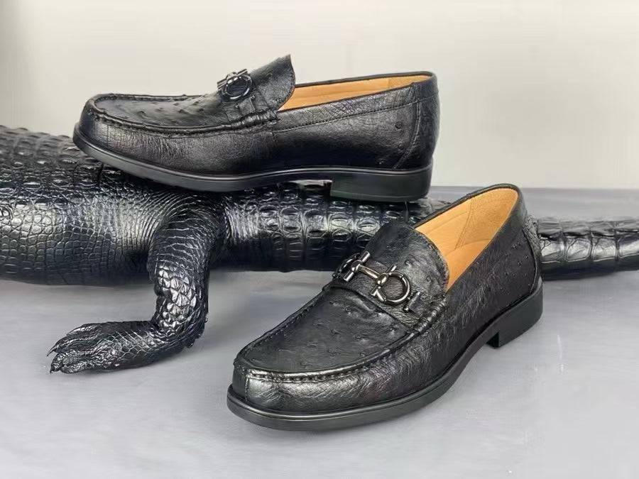 Ostrich Leather Shoes Ostrich Loafer Slip-On Shoes Black