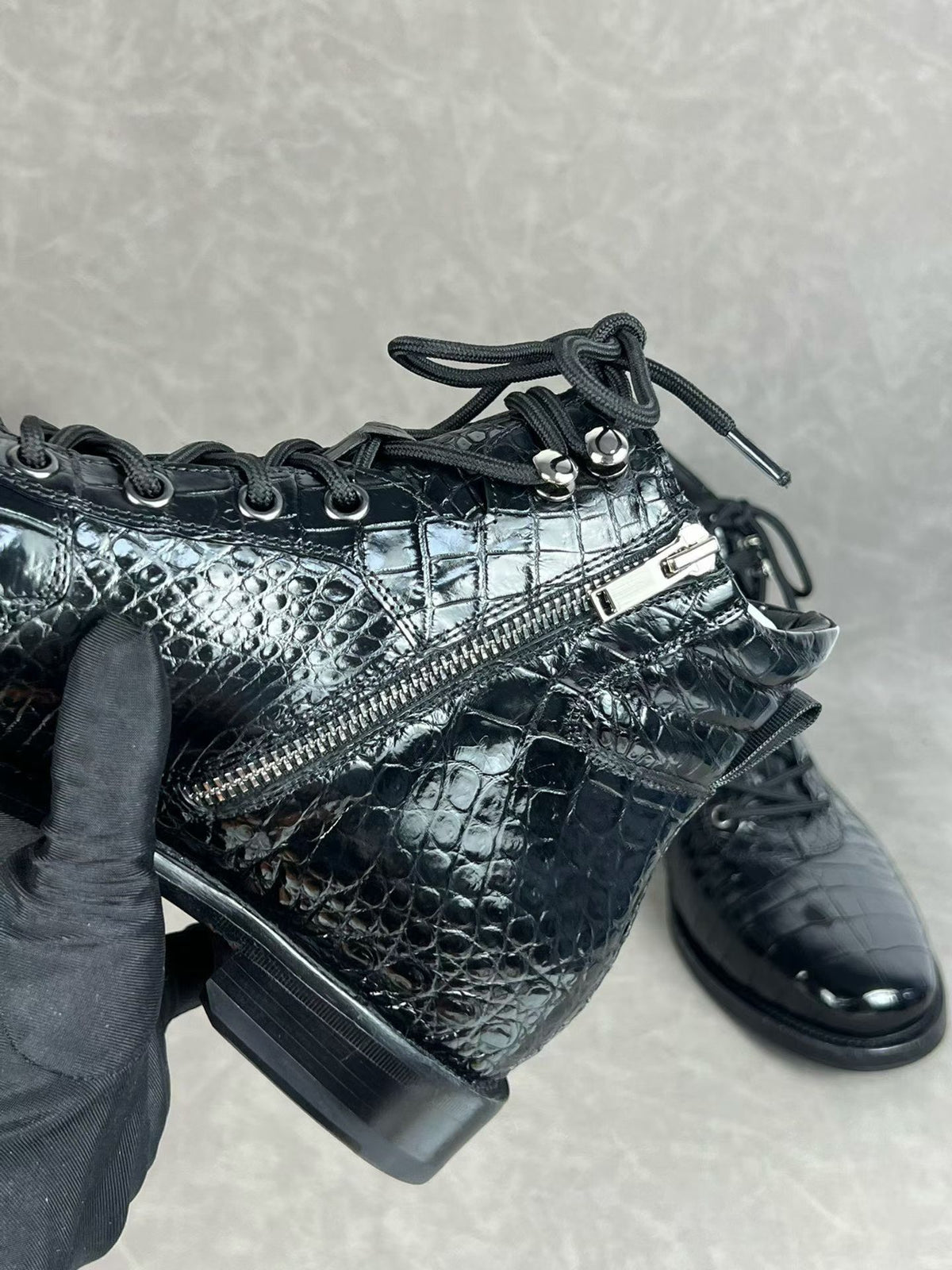 ON SALE , Crocodile Shoes ,Crocodile Belly Leather Classic Lace Up Boots
