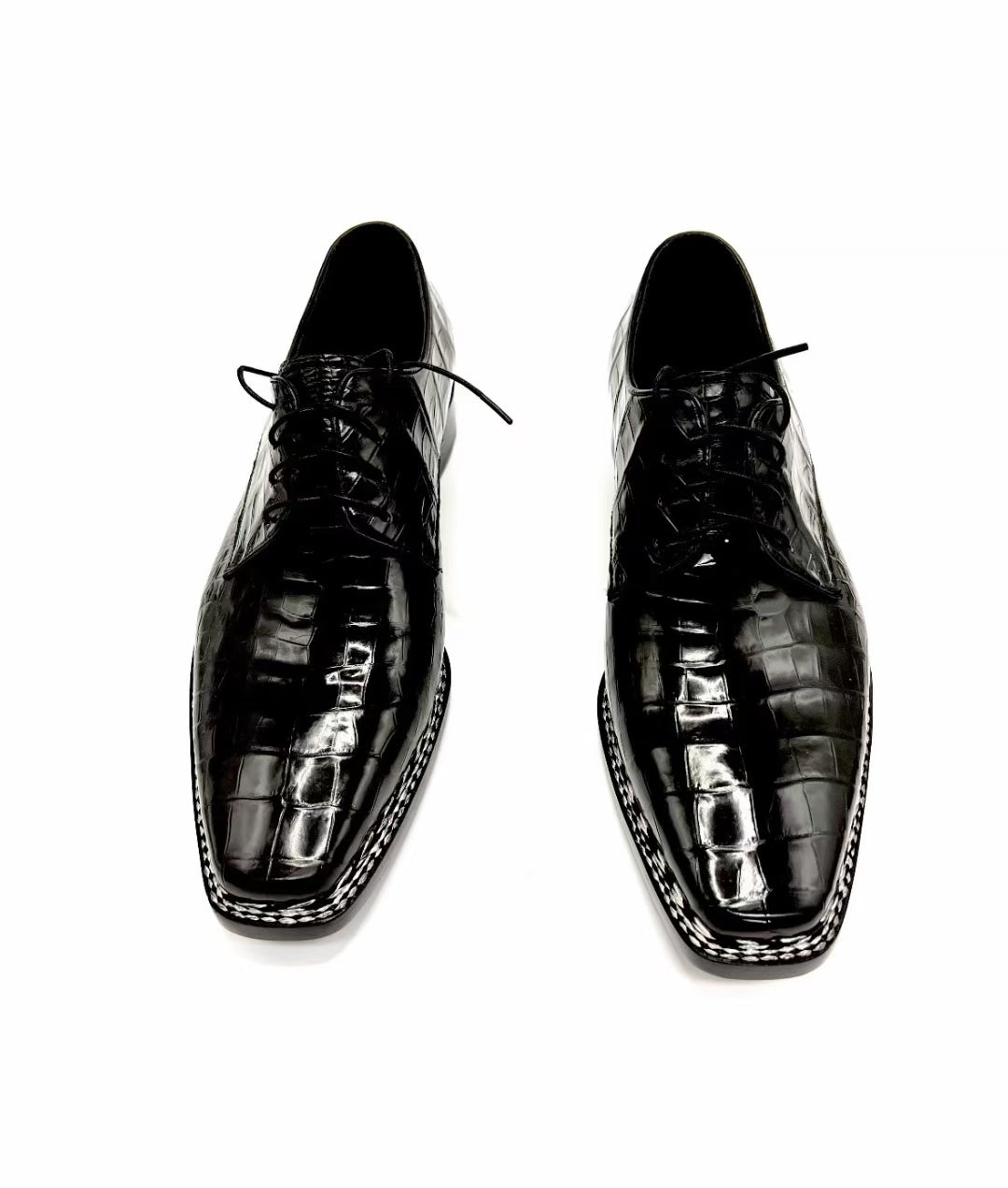 Crocodile Shoes, Men's Black Crocodile Leather Norwegian Sewn Lace Up Shoes