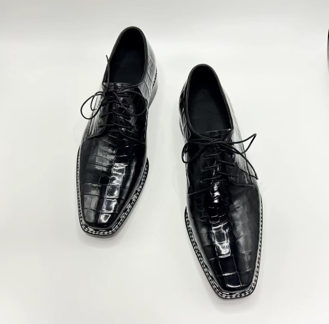 Crocodile Shoes, Men's Black Crocodile Leather Norwegian Sewn Lace Up Shoes