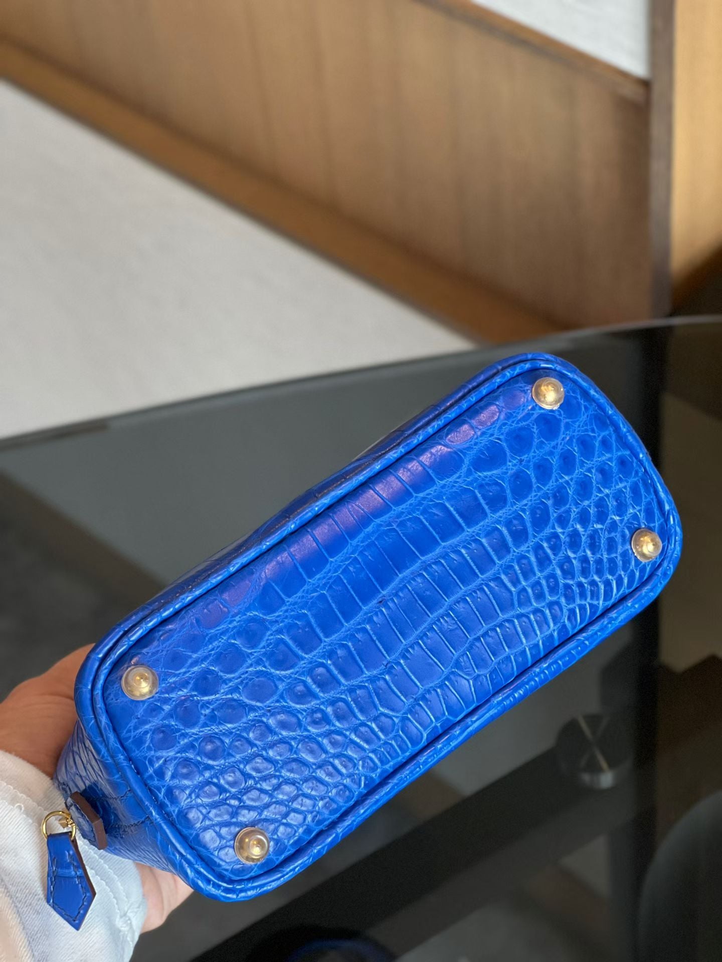 Womens Genuine Crocodile Skin Leather Cross Body Handle Bag Mini Blue