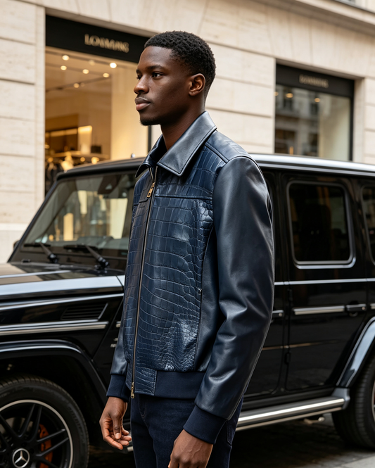 Dark blue crocodile and lambskin leather jacket by Rossie Viren, featuring a stylish, high-quality design and sophisticated craftsmanship.