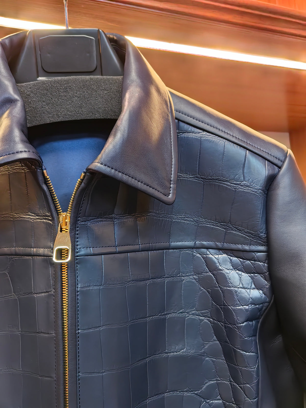 Crocodile & Lambskin Leather Jacket Dark Blue